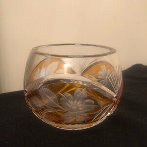 Vintage Bohemian Cut Crystal Rose Bowl Vase Amber Yellow 5”